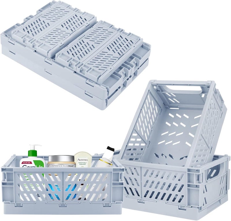 Weraher Plastic Storage Baskets for Desk Organizing, Office Drawer Organizer, 2 Medium+2 Small Durable Folding Storage Crate for Home Kitchen Classroom Office Bedroom and Bathroom Storage (Blue) - Image 1